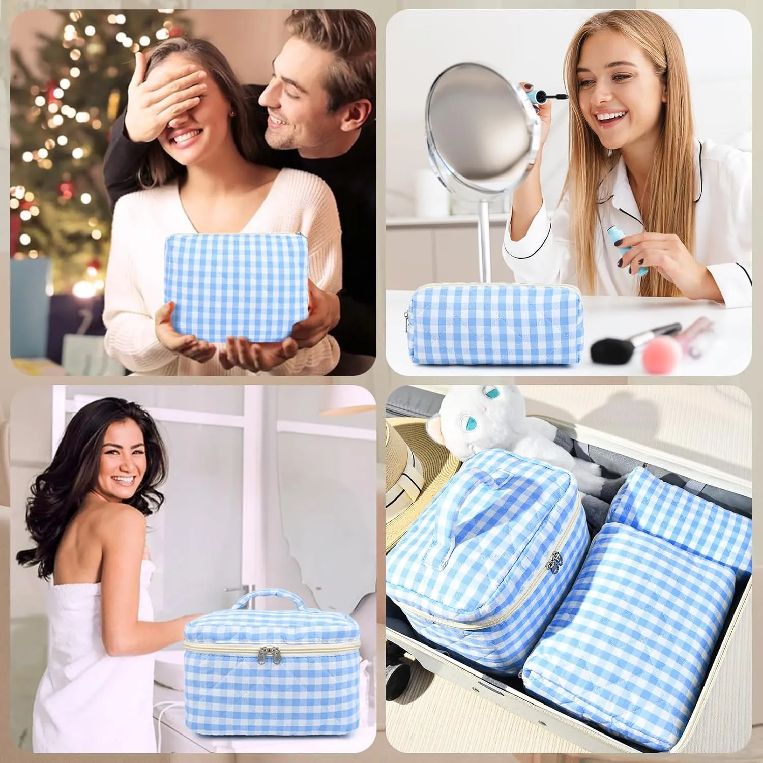 3PCS Makeup Bag Quilted Makeup Bags Set Cute Large Cosmetic Bag for Women Girls Coquette Aesthetic Toiletry Bag Travel Make Up Organizer Skincare Bag