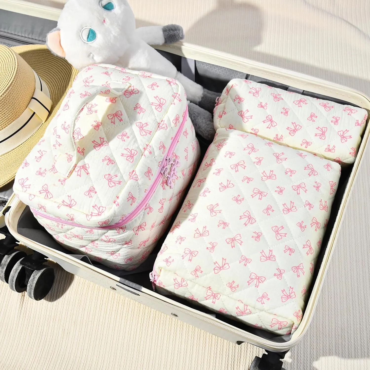 3PCS Makeup Bag Quilted Makeup Bags Set Cute Large Cosmetic Bag for Women Girls Coquette Aesthetic Toiletry Bag Travel Make Up Organizer Skincare Bag