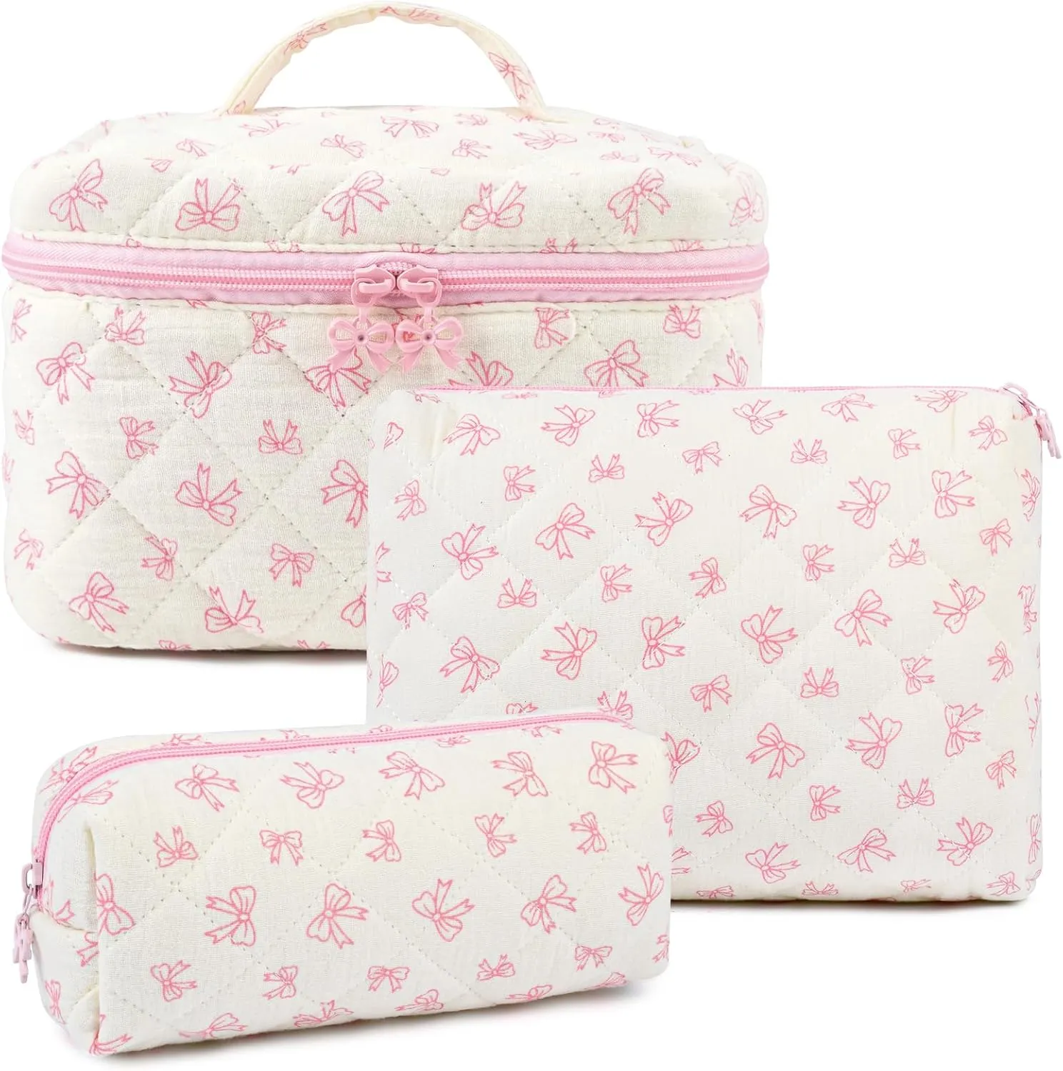 3PCS Makeup Bag Quilted Makeup Bags Set Cute Large Cosmetic Bag for Women Girls Coquette Aesthetic Toiletry Bag Travel Make Up Organizer Skincare Bag