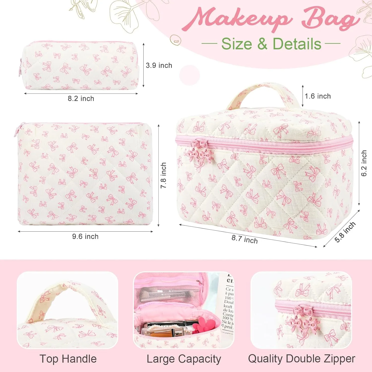 3PCS Makeup Bag Quilted Makeup Bags Set Cute Large Cosmetic Bag for Women Girls Coquette Aesthetic Toiletry Bag Travel Make Up Organizer Skincare Bag