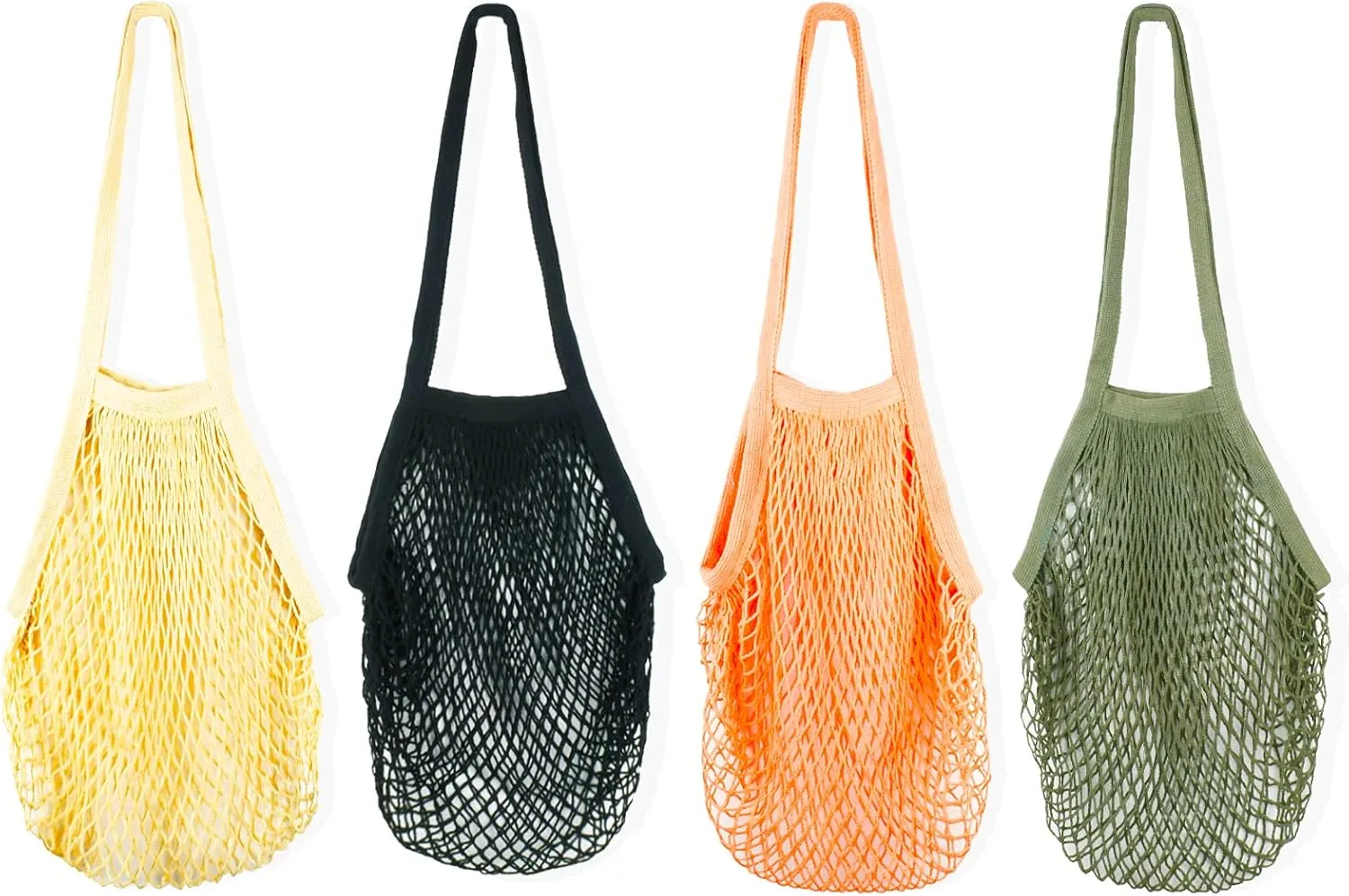 [4 Pack] Premium Mesh Grocery Bags, Reusable Produce Bags, Long Handle Net Tote Bags, 100% Cotton String Bags, Fruit and Vegetable Bags, 4 colors (Portable/Washable/Durable)
