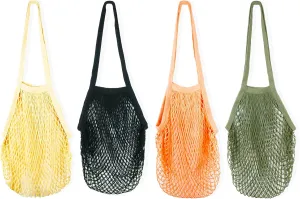 [4 Pack] Premium Mesh Grocery Bags, Reusable Produce Bags, Long Handle Net Tote Bags, 100% Cotton String Bags, Fruit and Vegetable Bags, 4 colors (Portable/Washable/Durable)