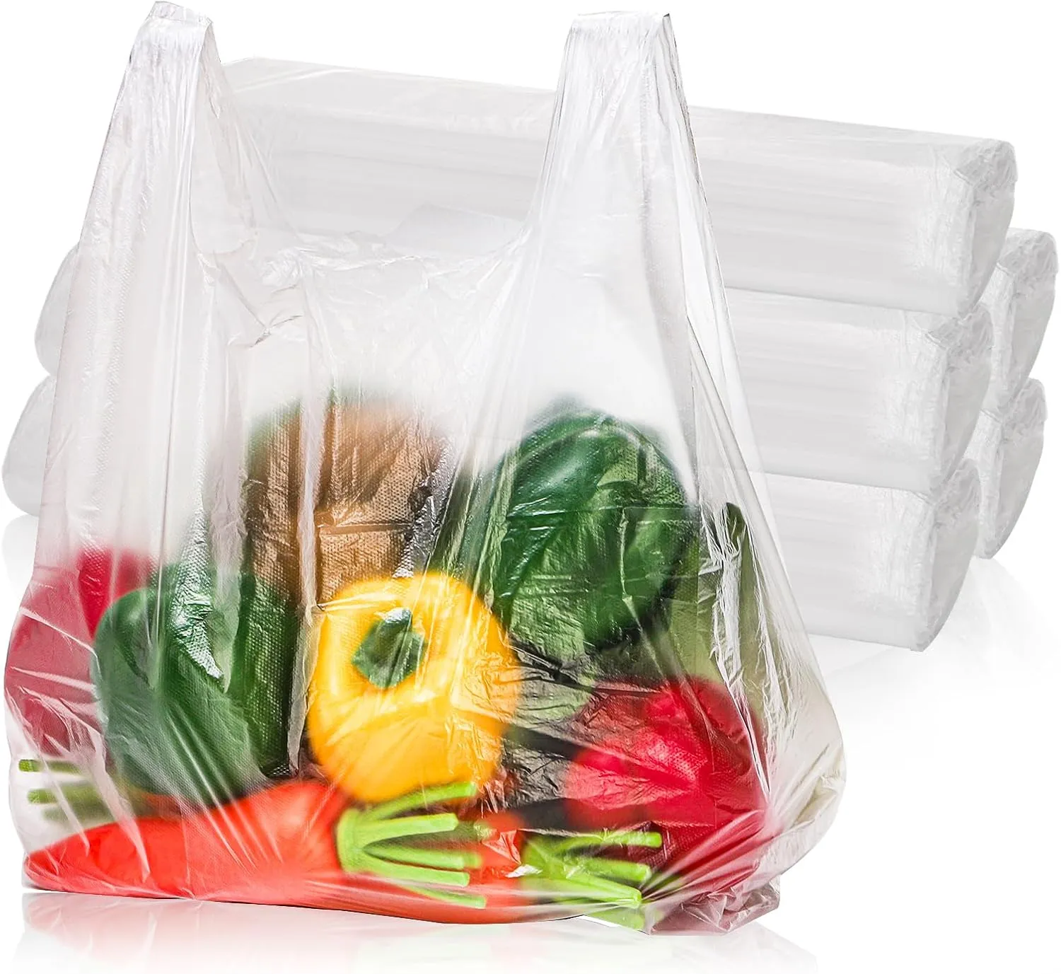 500 Pack Clear T Shirt Shopping Bag, 12'' x 18'' Multi-use Bulk Grocery Plastic Bags with Handles, Large Restaurant Carry out Retail Bags for Small Business, Supermarket, Restaurant