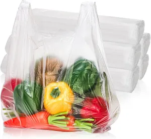 500 Pack Clear T Shirt Shopping Bag, 12'' x 18'' Multi-use Bulk Grocery Plastic Bags with Handles, Large Restaurant Carry out Retail Bags for Small Business, Supermarket, Restaurant