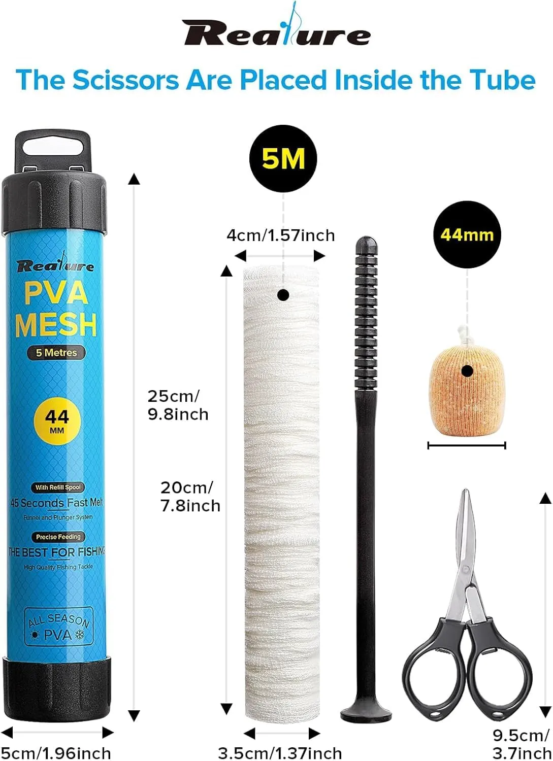 5M PVA Mesh Kit with Scissors 18mm 25mm 37mm 44mm Wide PVA Mesh Carp Fishing Accessories with Funnel & Plunger System Fast Melt PVA Mesh Bag Fishing Refill for Boilie Bait Feeding (5M, 44mm)