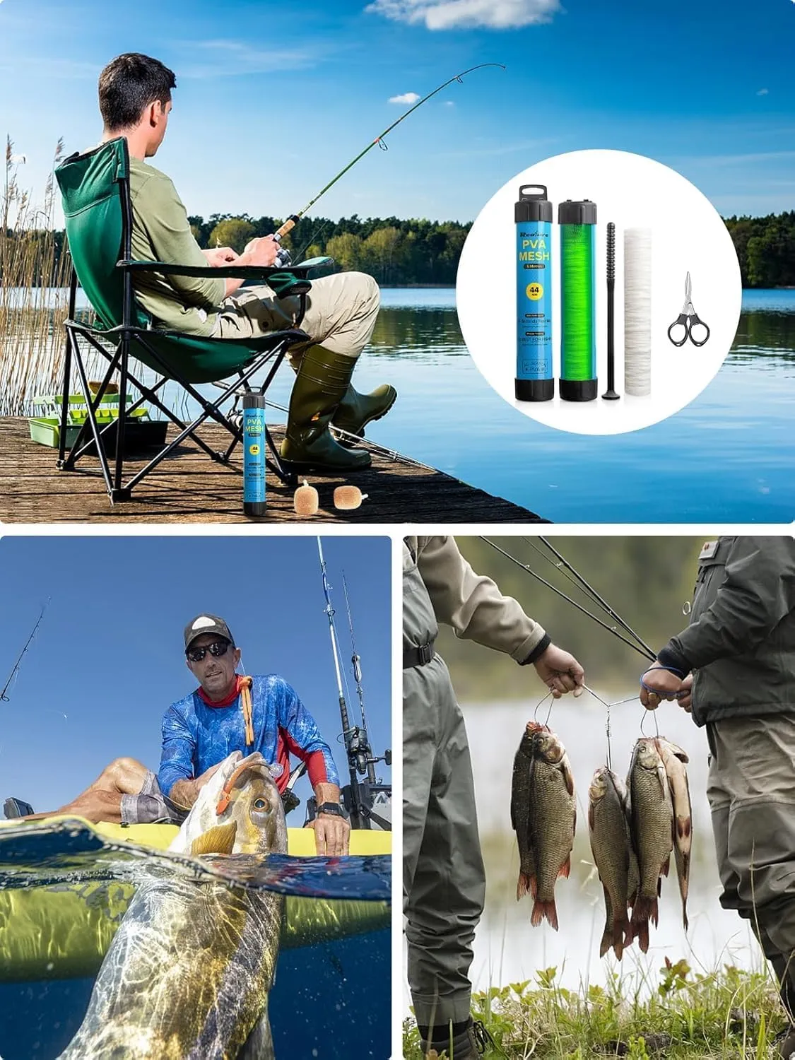 5M PVA Mesh Kit with Scissors 18mm 25mm 37mm 44mm Wide PVA Mesh Carp Fishing Accessories with Funnel & Plunger System Fast Melt PVA Mesh Bag Fishing Refill for Boilie Bait Feeding (5M, 44mm)