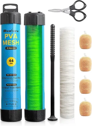 5M PVA Mesh Kit with Scissors 18mm 25mm 37mm 44mm Wide PVA Mesh Carp Fishing Accessories with Funnel & Plunger System Fast Melt PVA Mesh Bag Fishing Refill for Boilie Bait Feeding (5M, 44mm)