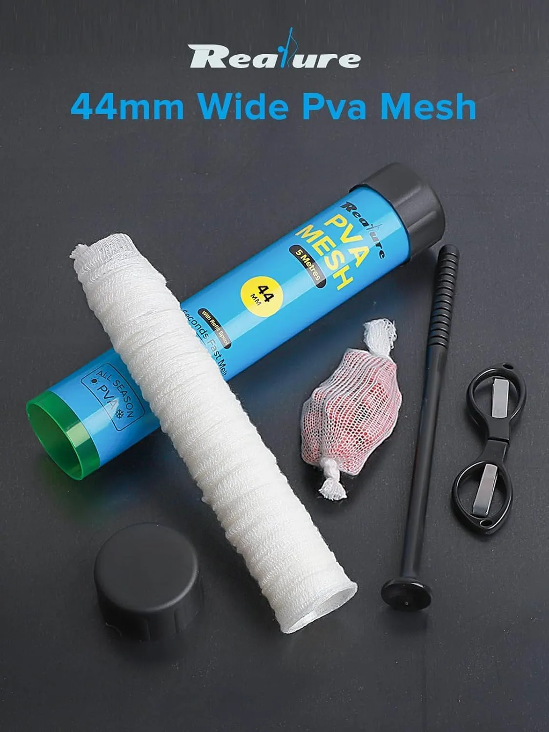 5M PVA Mesh Kit with Scissors 18mm 25mm 37mm 44mm Wide PVA Mesh Carp Fishing Accessories with Funnel & Plunger System Fast Melt PVA Mesh Bag Fishing Refill for Boilie Bait Feeding (5M, 44mm)