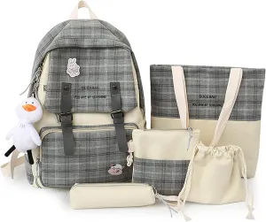5Pcs Kawaii Backpack Set with Badge & Duck Pendant,Japanese Aesthetic Check Bookbag for Girls Cute Plaid School Bags Comes with Tote Bag,Shoulder Bag,Pencil Box,Small Bag(Black,16in)