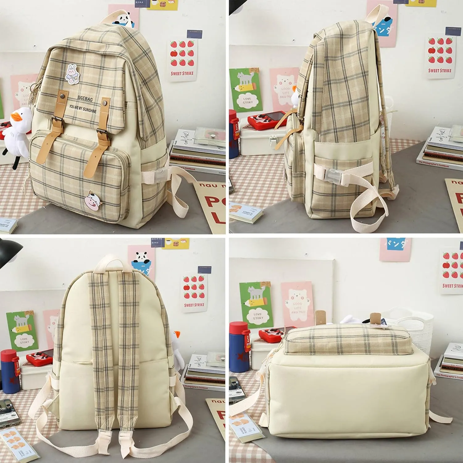 5Pcs Kawaii Backpack Set with Badge & Duck Pendant,Japanese Aesthetic Check Bookbag for Girls Cute Plaid School Bags Comes with Tote Bag,Shoulder Bag,Pencil Box,Small Bag(Black,16in)