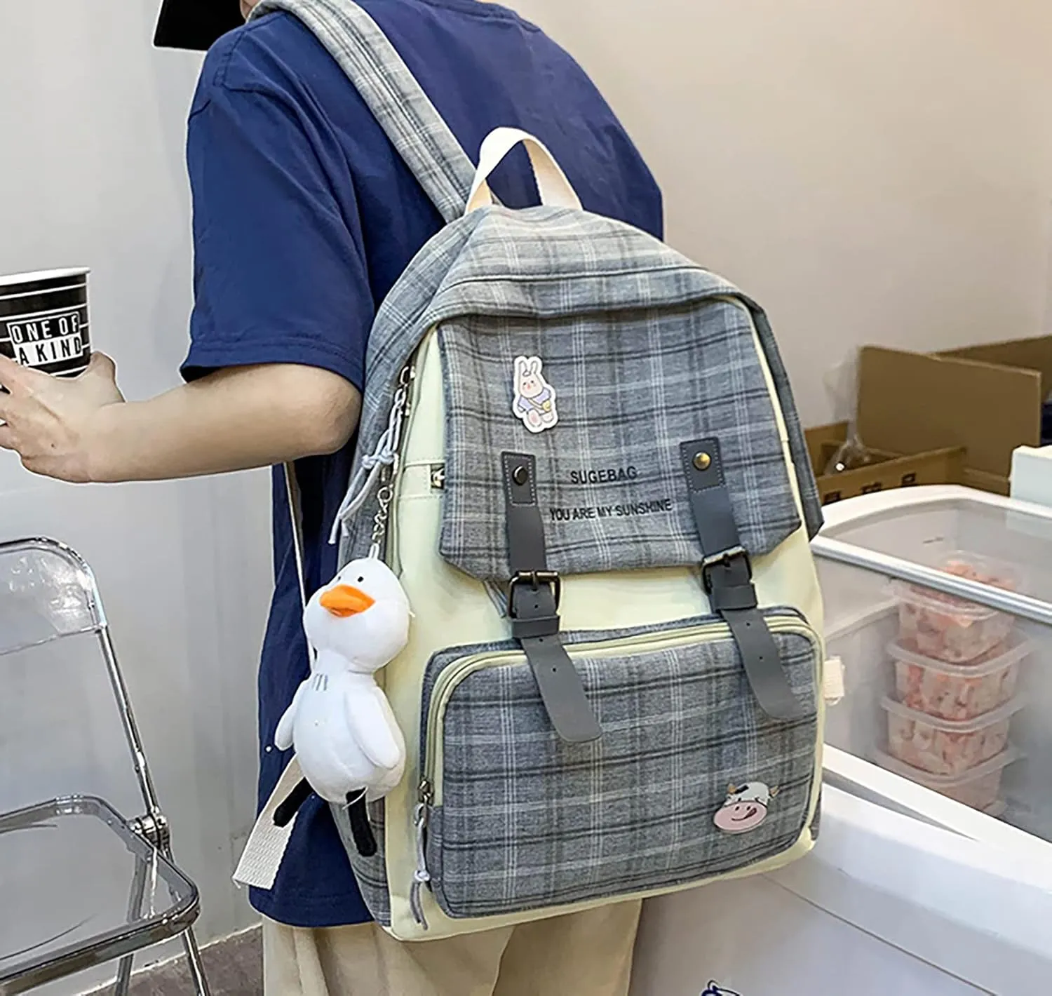 5Pcs Kawaii Backpack Set with Badge & Duck Pendant,Japanese Aesthetic Check Bookbag for Girls Cute Plaid School Bags Comes with Tote Bag,Shoulder Bag,Pencil Box,Small Bag(Black,16in)