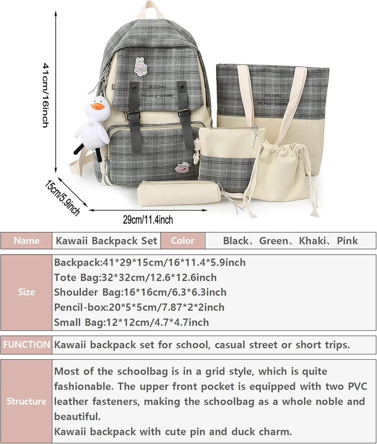 5Pcs Kawaii Backpack Set with Badge & Duck Pendant,Japanese Aesthetic Check Bookbag for Girls Cute Plaid School Bags Comes with Tote Bag,Shoulder Bag,Pencil Box,Small Bag(Black,16in)