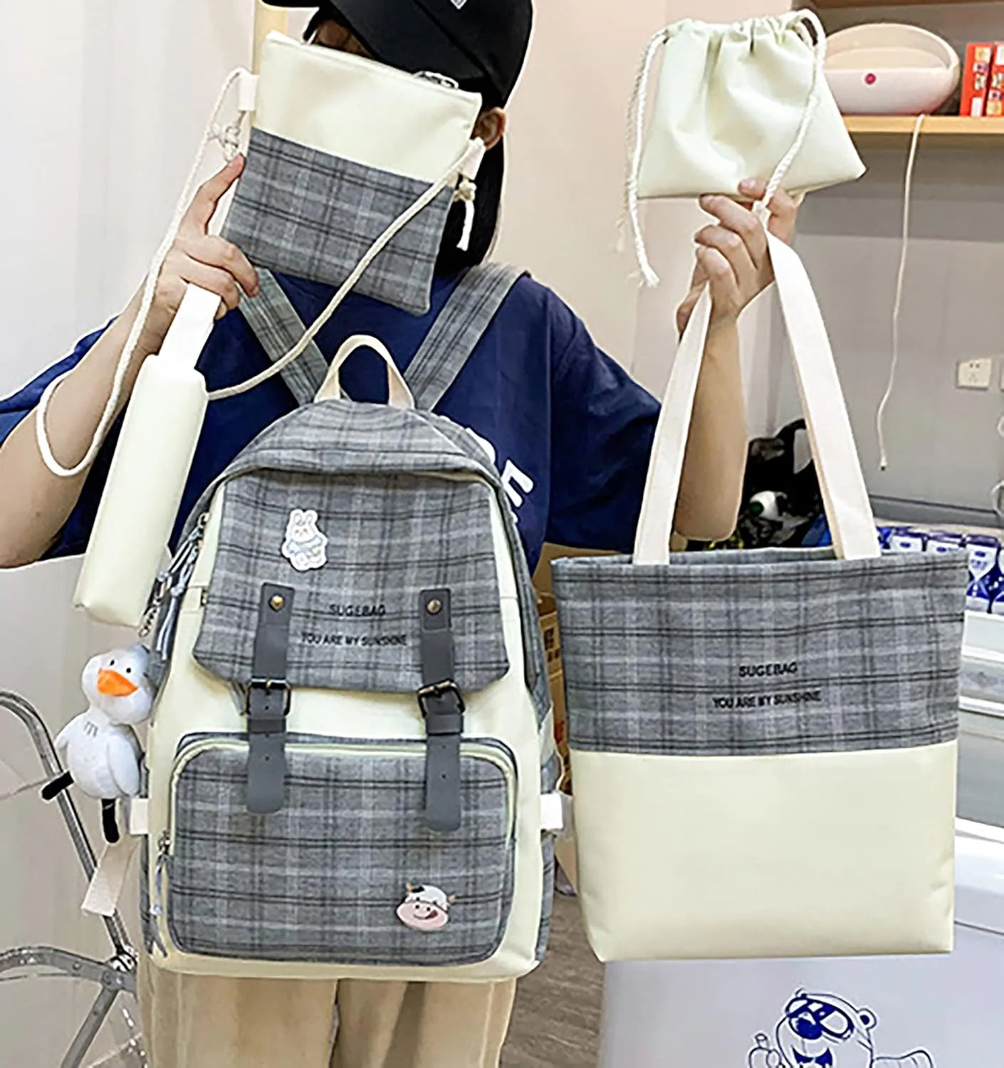 5Pcs Kawaii Backpack Set with Badge & Duck Pendant,Japanese Aesthetic Check Bookbag for Girls Cute Plaid School Bags Comes with Tote Bag,Shoulder Bag,Pencil Box,Small Bag(Black,16in)