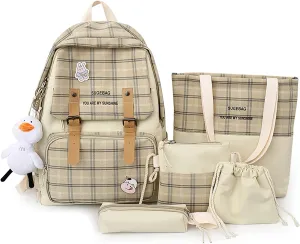 5Pcs Kawaii Backpack Set with Badge & Duck Pendant,Japanese Aesthetic Check Bookbag for Girls Cute Plaid School Bags Comes with Tote Bag,Shoulder Bag,Pencil Box,Small Bag(Khaki,16in)