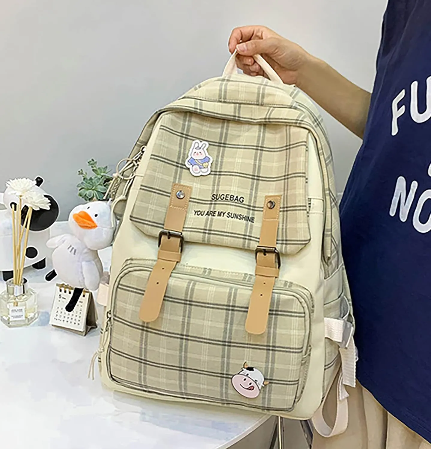 5Pcs Kawaii Backpack Set with Badge & Duck Pendant,Japanese Aesthetic Check Bookbag for Girls Cute Plaid School Bags Comes with Tote Bag,Shoulder Bag,Pencil Box,Small Bag(Khaki,16in)