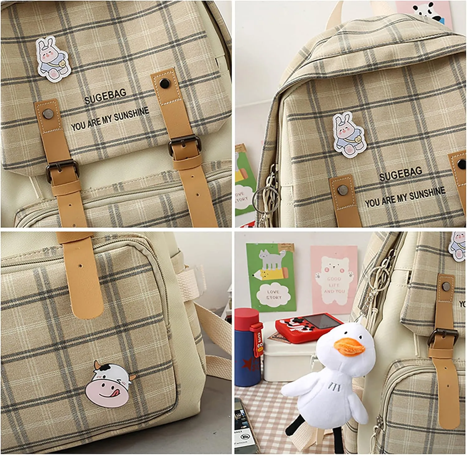 5Pcs Kawaii Backpack Set with Badge & Duck Pendant,Japanese Aesthetic Check Bookbag for Girls Cute Plaid School Bags Comes with Tote Bag,Shoulder Bag,Pencil Box,Small Bag(Khaki,16in)