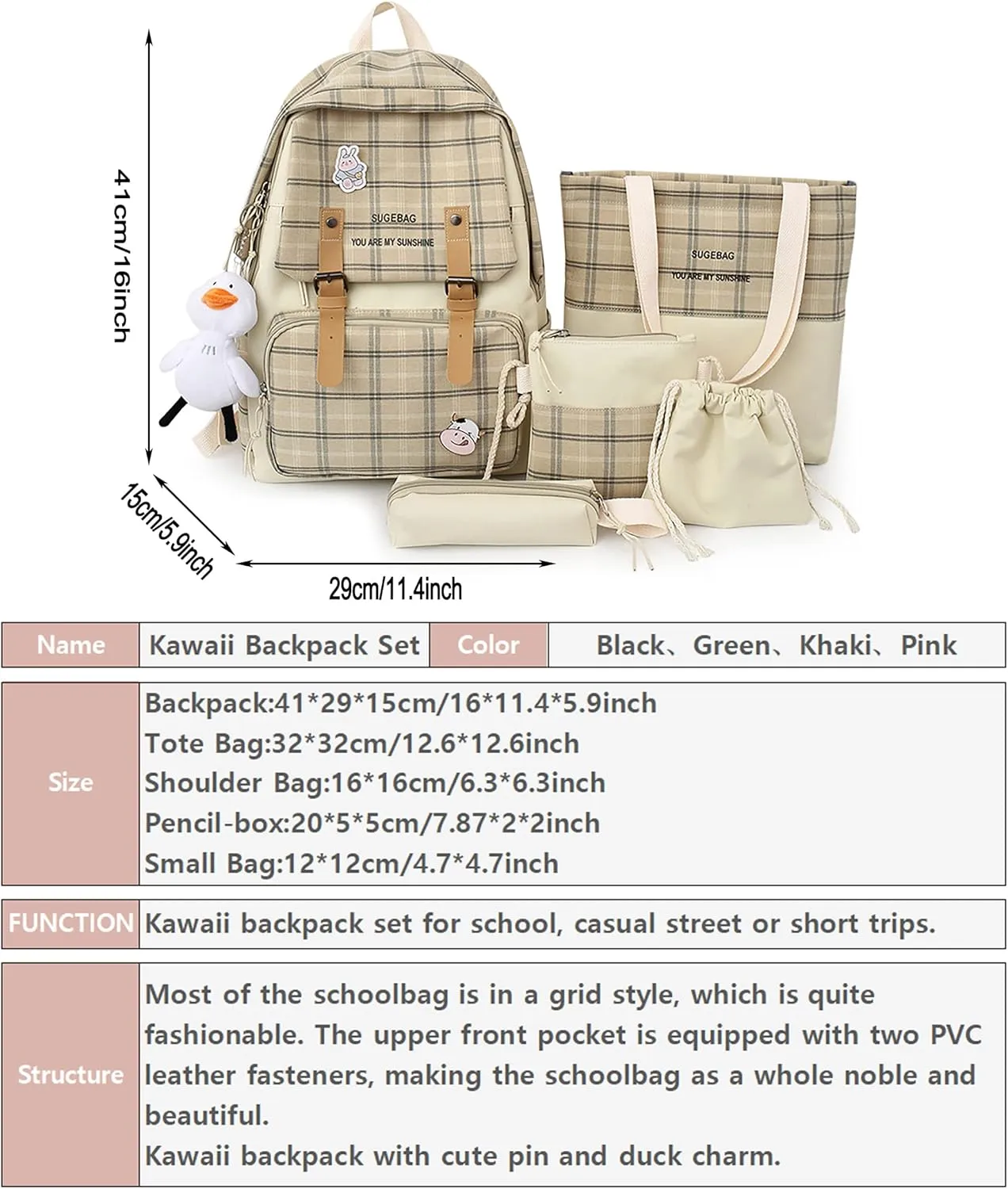 5Pcs Kawaii Backpack Set with Badge & Duck Pendant,Japanese Aesthetic Check Bookbag for Girls Cute Plaid School Bags Comes with Tote Bag,Shoulder Bag,Pencil Box,Small Bag(Khaki,16in)