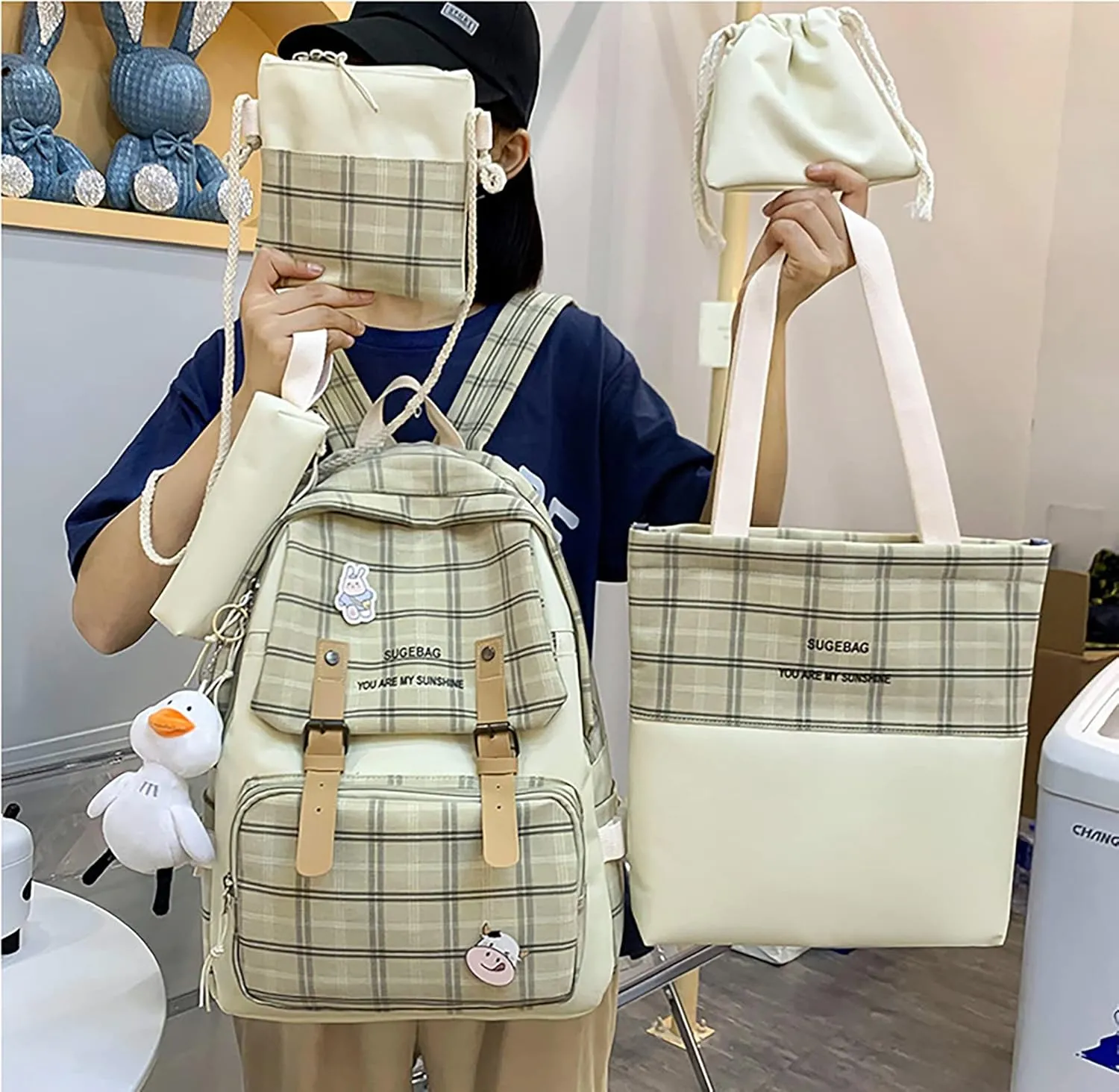 5Pcs Kawaii Backpack Set with Badge & Duck Pendant,Japanese Aesthetic Check Bookbag for Girls Cute Plaid School Bags Comes with Tote Bag,Shoulder Bag,Pencil Box,Small Bag(Khaki,16in)