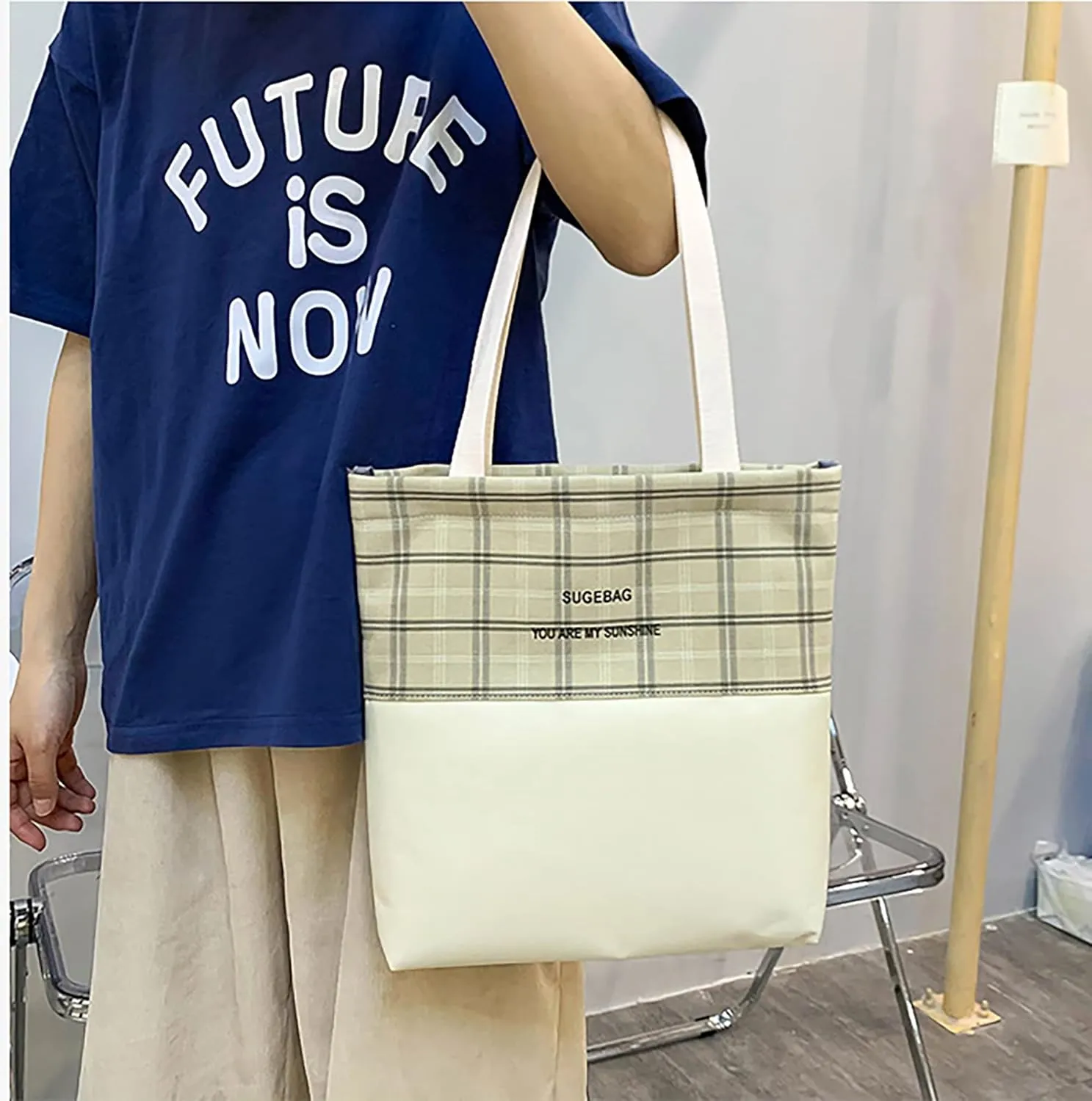 5Pcs Kawaii Backpack Set with Badge & Duck Pendant,Japanese Aesthetic Check Bookbag for Girls Cute Plaid School Bags Comes with Tote Bag,Shoulder Bag,Pencil Box,Small Bag(Khaki,16in)