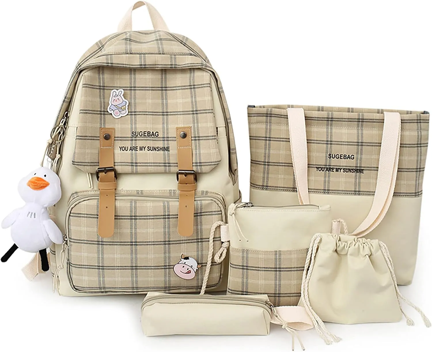 5Pcs Kawaii Backpack Set with Badge & Duck Pendant,Japanese Aesthetic Check Bookbag for Girls Cute Plaid School Bags Comes with Tote Bag,Shoulder Bag,Pencil Box,Small Bag(Khaki,16in)