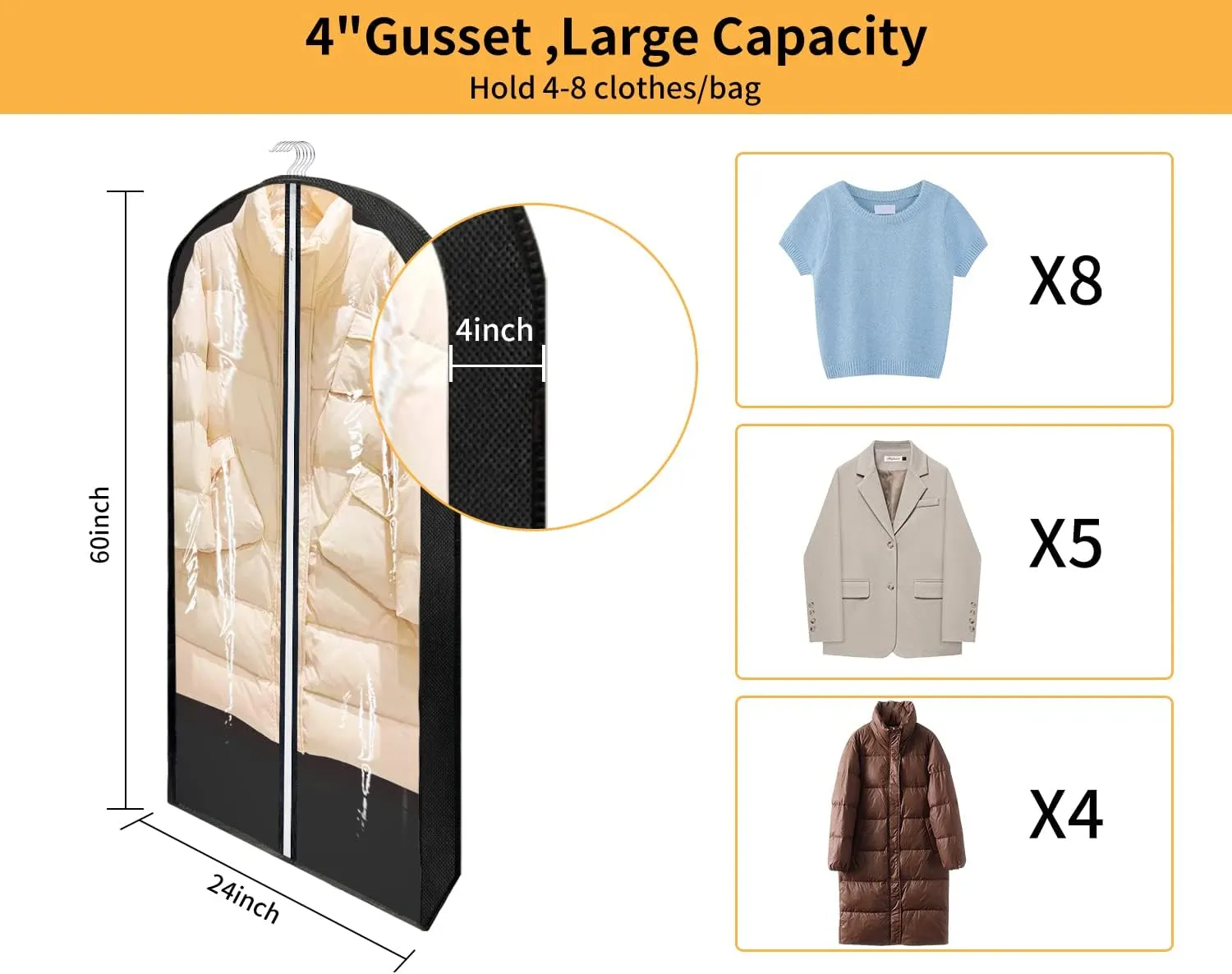 60" Garment Bags for Hanging Clothes Closet Storage with 4" Gussets, Clear Clothes Protectors for Hanging Clothes Suit Cover for Coats, Shirts, Sweaters Storage (Black,3 Packs)