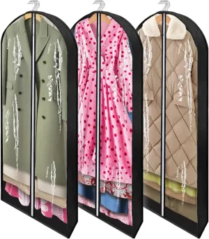 60" Garment Bags for Hanging Clothes Closet Storage with 4" Gussets, Clear Clothes Protectors for Hanging Clothes Suit Cover for Coats, Shirts, Sweaters Storage (Black,3 Packs)