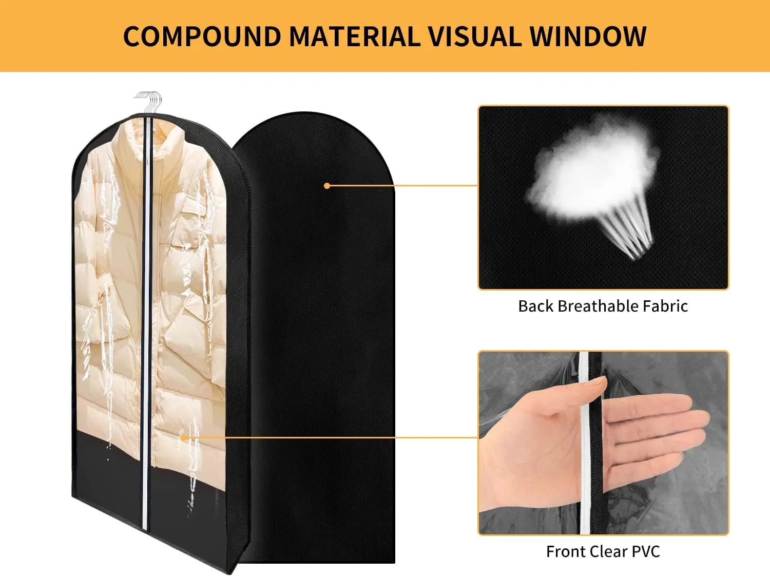 60" Garment Bags for Hanging Clothes Closet Storage with 4" Gussets, Clear Clothes Protectors for Hanging Clothes Suit Cover for Coats, Shirts, Sweaters Storage (Black,3 Packs)