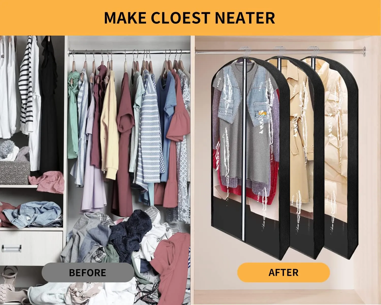 60" Garment Bags for Hanging Clothes Closet Storage with 4" Gussets, Clear Clothes Protectors for Hanging Clothes Suit Cover for Coats, Shirts, Sweaters Storage (Black,3 Packs)