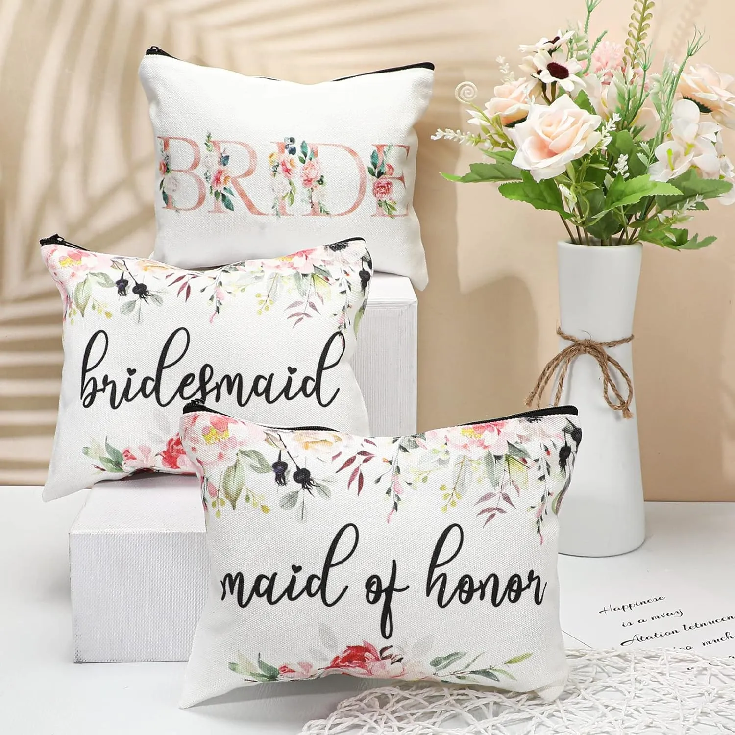 8 Pcs Bridesmaid Makeup Bag Matron of Honor Gifts Bridal Bag for Bridal Wedding Party Gift(Floral Pattern)
