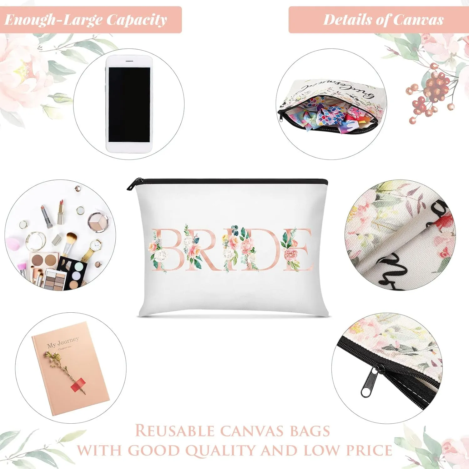 8 Pcs Bridesmaid Makeup Bag Matron of Honor Gifts Bridal Bag for Bridal Wedding Party Gift(Floral Pattern)