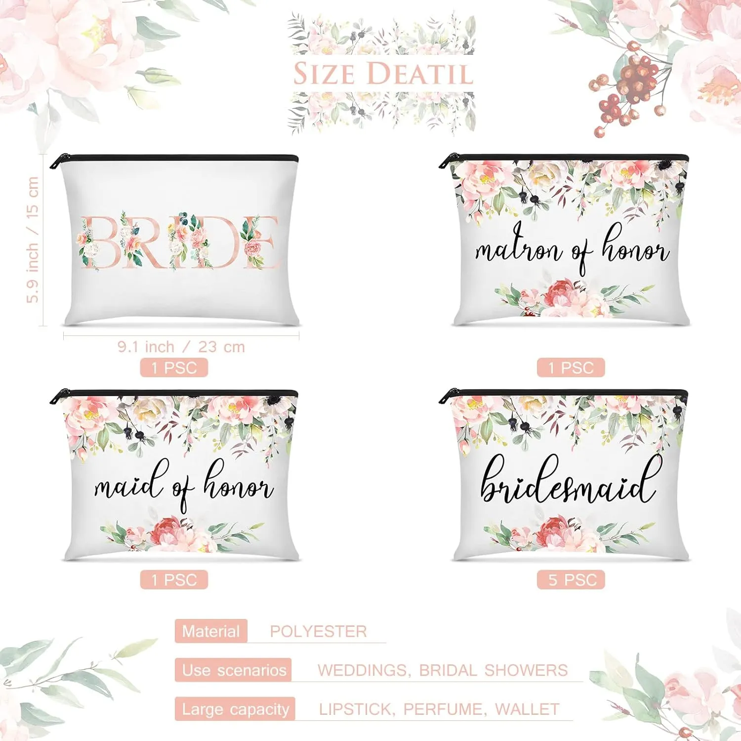 8 Pcs Bridesmaid Makeup Bag Matron of Honor Gifts Bridal Bag for Bridal Wedding Party Gift(Floral Pattern)