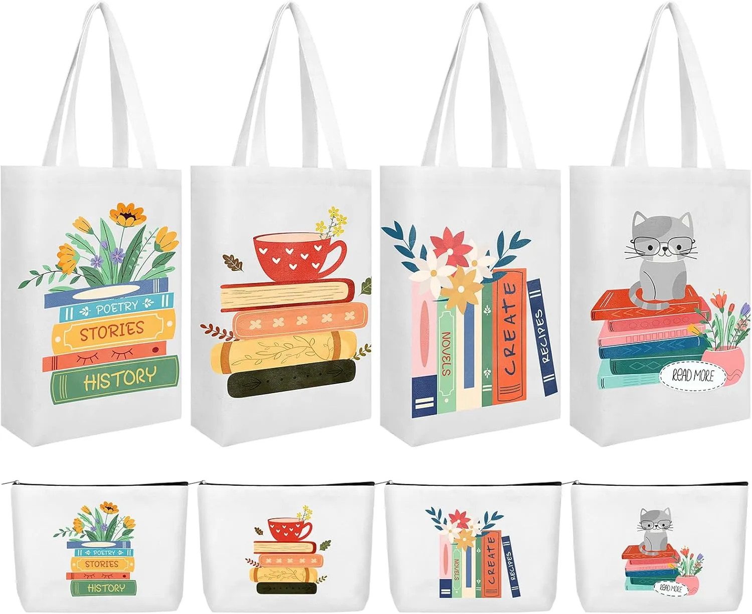 8 Pcs Canvas Book Tote Bags - Book Lovers Gifts for Women - Reusable Grocery Shopping Bags