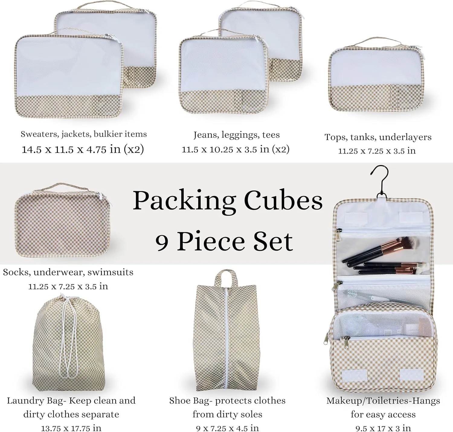9 Piece Set Packing Cubes - Suitcase Organizer, Pretty Packing Cubes, Travel Bag Organizer Luggage, Toiletry & Makeup Bag, Laundry and Shoe Bag, Cruise Essentials -Gingham