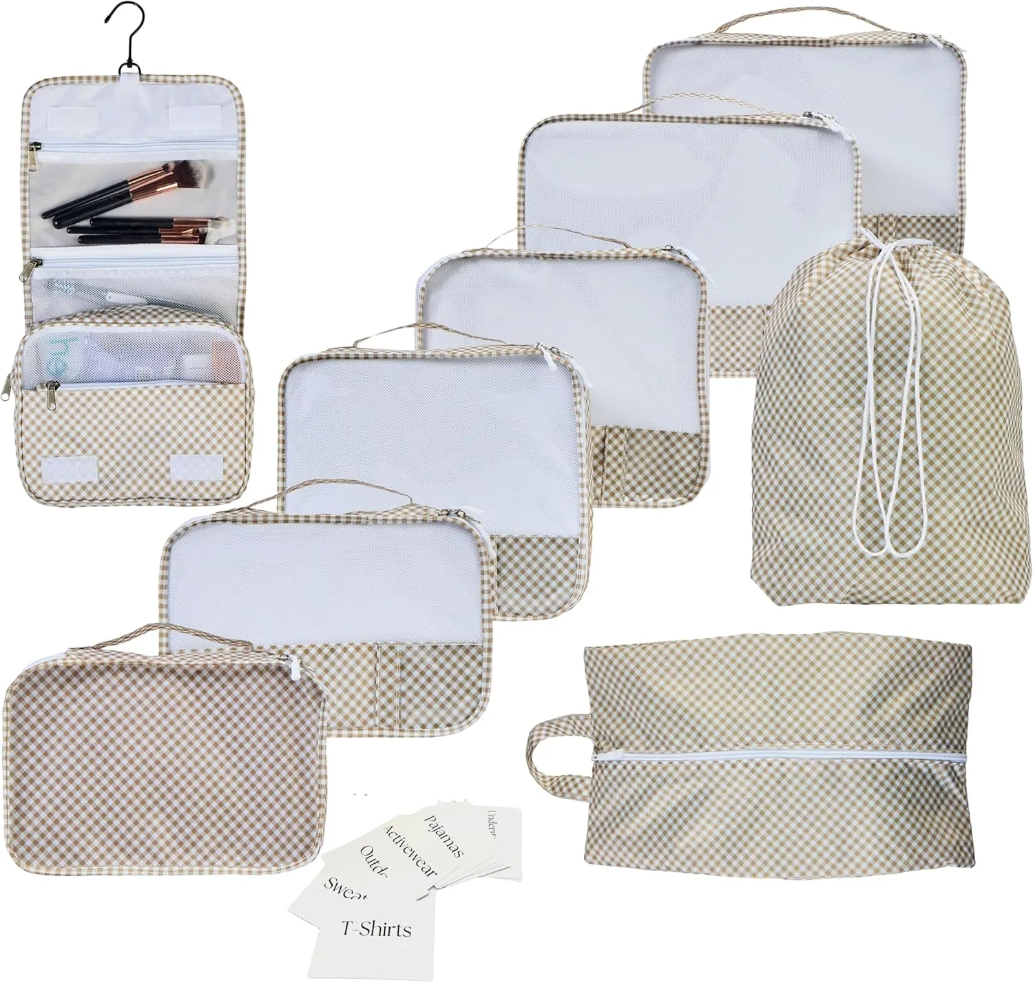 9 Piece Set Packing Cubes - Suitcase Organizer, Pretty Packing Cubes, Travel Bag Organizer Luggage, Toiletry & Makeup Bag, Laundry and Shoe Bag, Cruise Essentials -Gingham