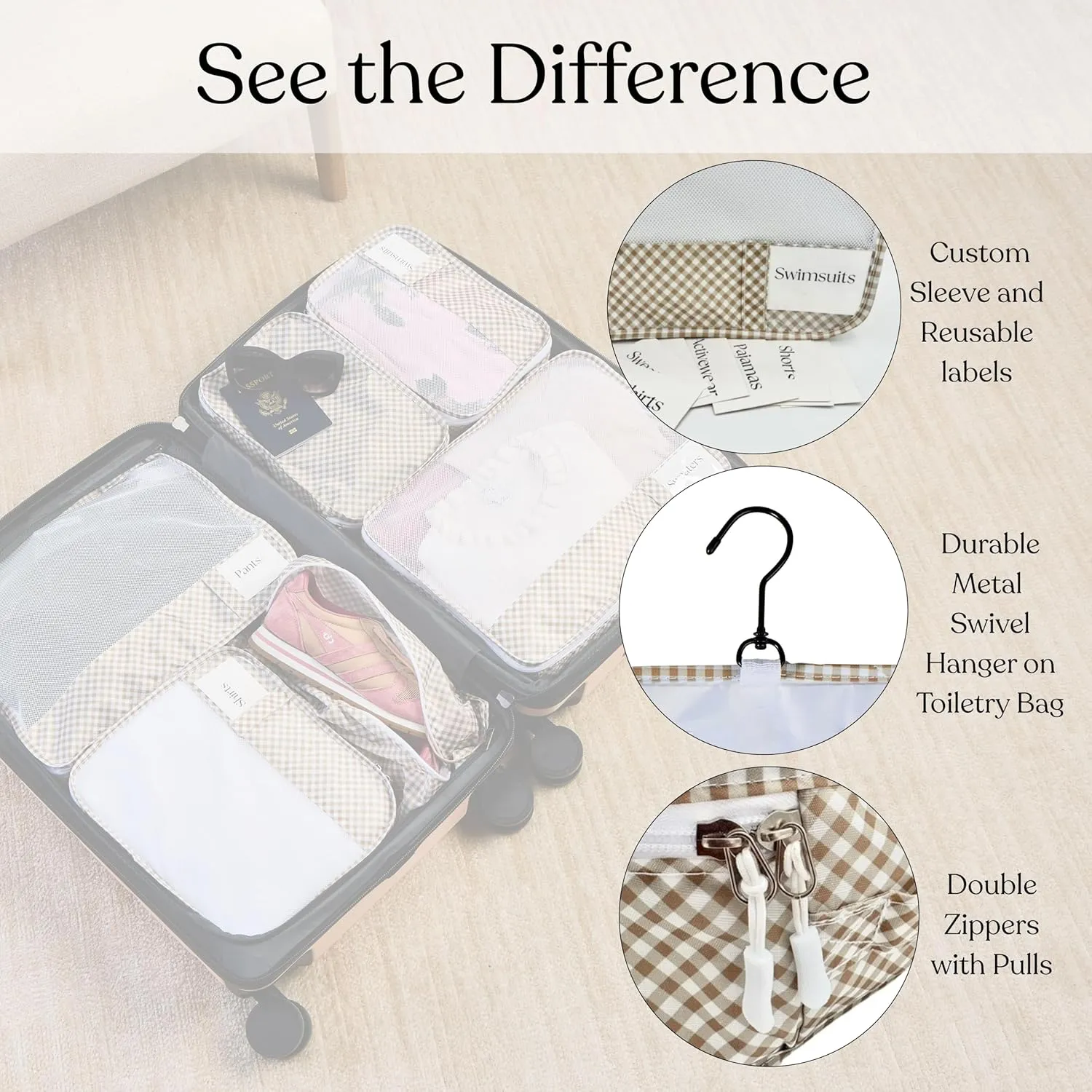 9 Piece Set Packing Cubes - Suitcase Organizer, Pretty Packing Cubes, Travel Bag Organizer Luggage, Toiletry & Makeup Bag, Laundry and Shoe Bag, Cruise Essentials -Gingham
