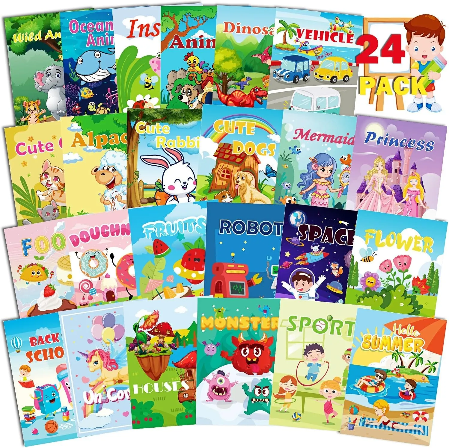 Aannanl 24 Mini Coloring Books Suitable for Children Aged 2-4 and 4-8，Small Party Gifts, Bulk Birthday Gifts, Gift Bag fillers, School Classroom Activities Including Dinosaurs, Pets, Mermaids