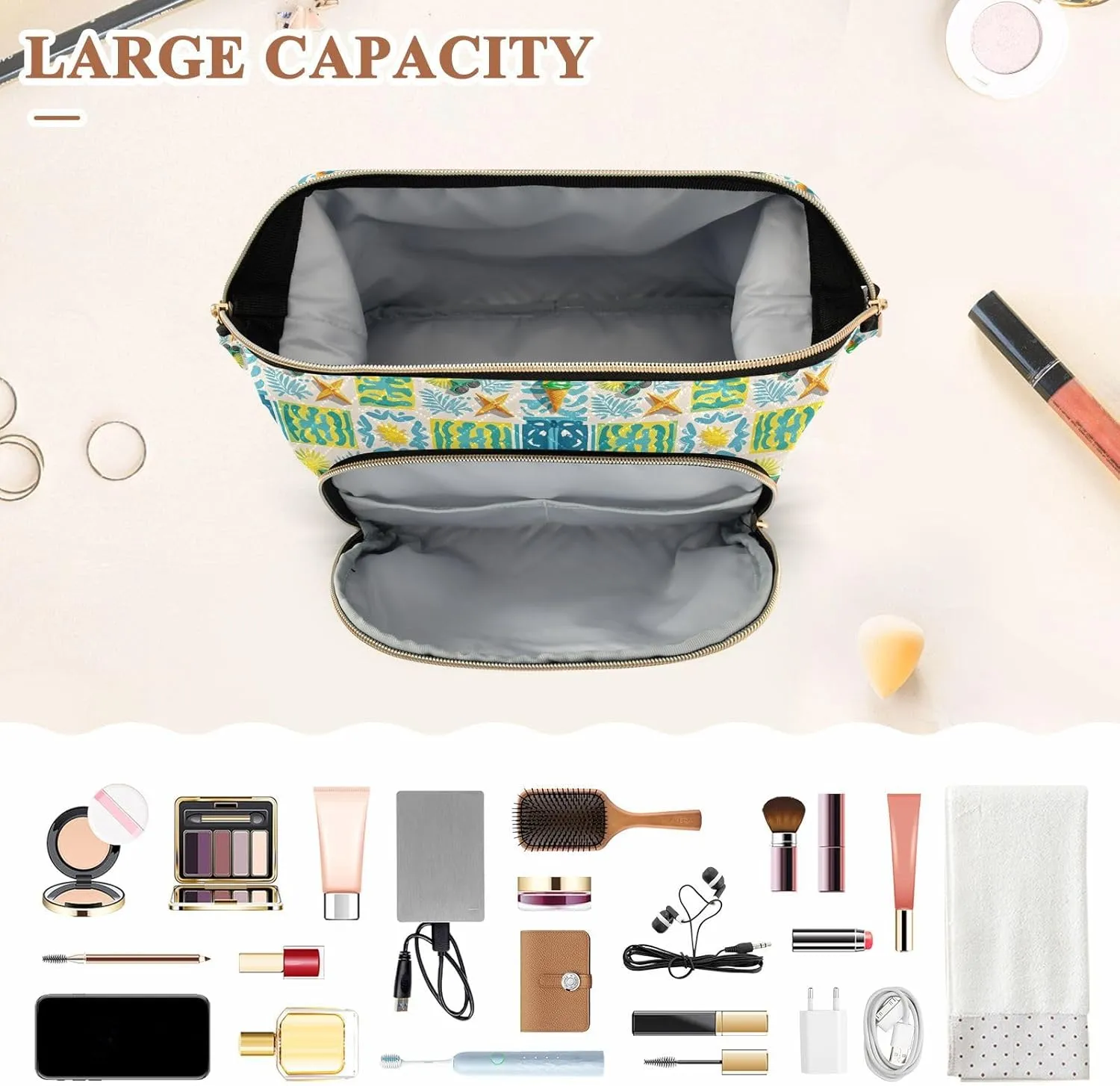 Aesthetic Makeup Bag Travel-Friendly Quilted Organizer with Wide-open Access