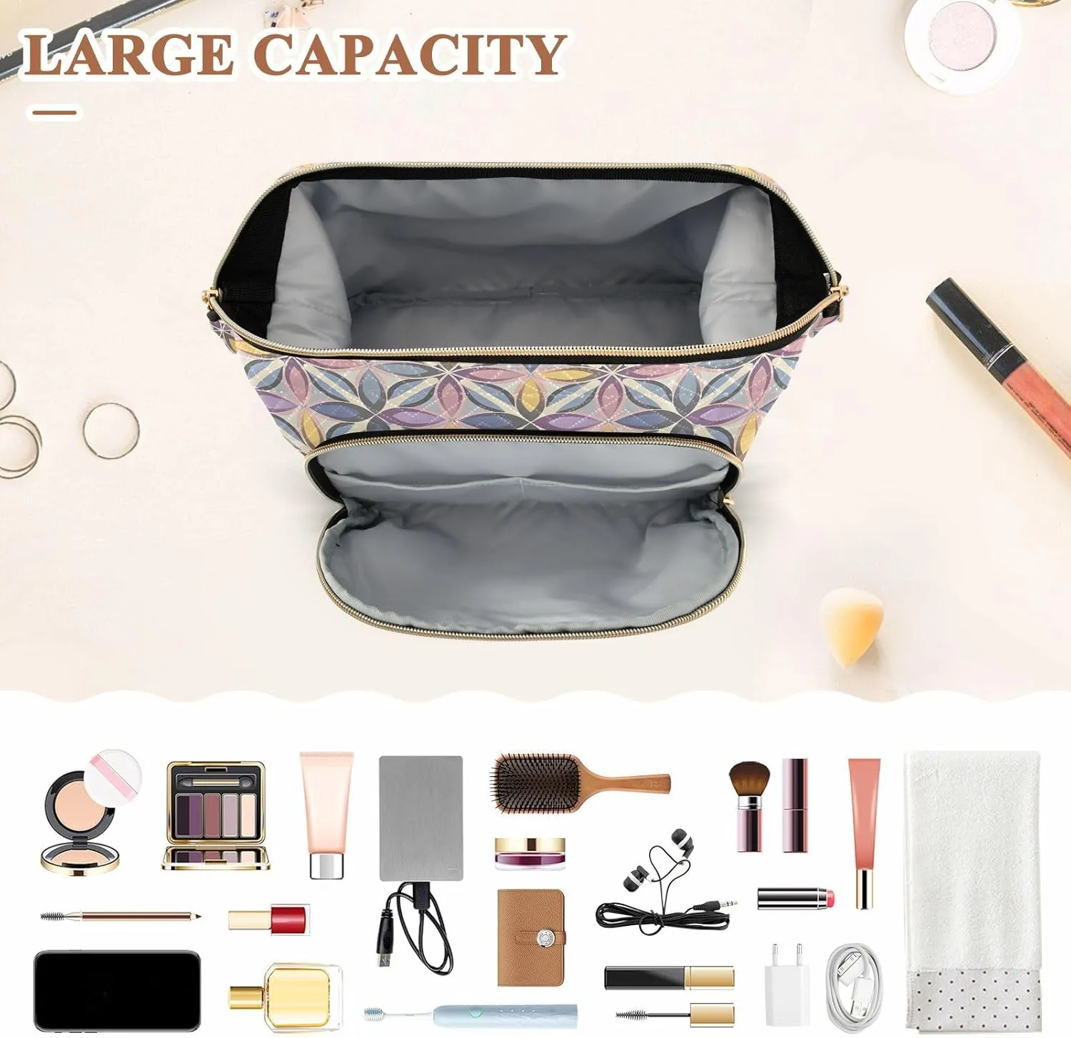 Aesthetic Makeup Organizer Pouch Quilted Travel Bag with Wide-open Design