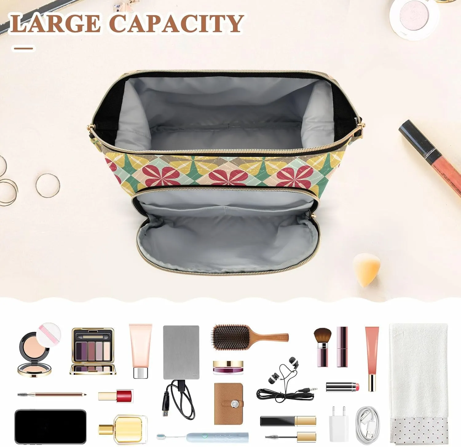 Aesthetic Makeup Organizer Pouch Quilted Travel Bag with Wide-open Design