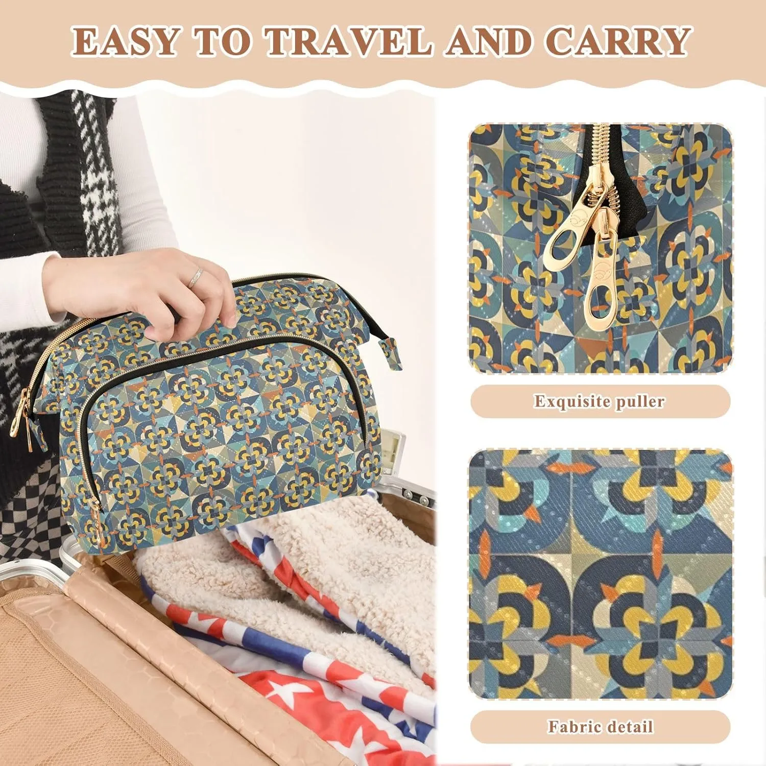 Aesthetic Makeup Organizer Pouch Quilted Travel Bag with Wide-open Design