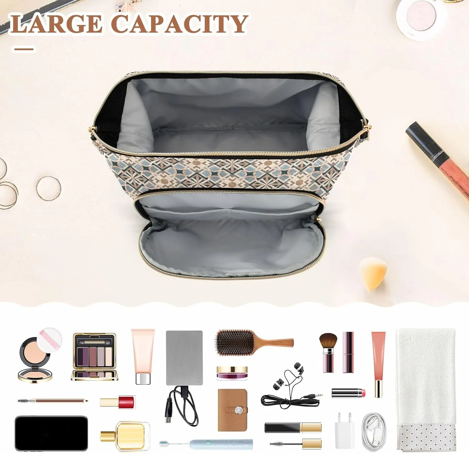 Aesthetic Makeup Organizer Pouch Quilted Travel Bag with Wide-open Design