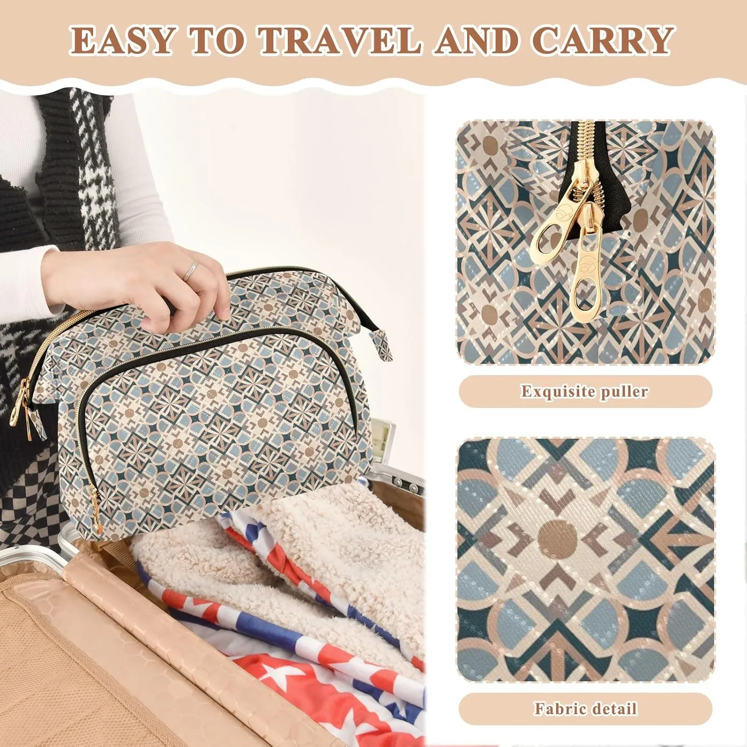 Aesthetic Makeup Organizer Pouch Quilted Travel Bag with Wide-open Design