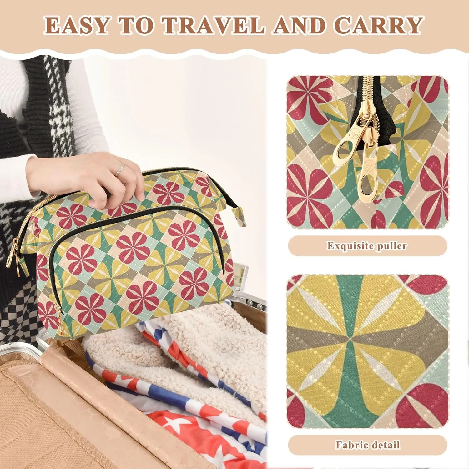 Aesthetic Makeup Organizer Pouch Quilted Travel Bag with Wide-open Design
