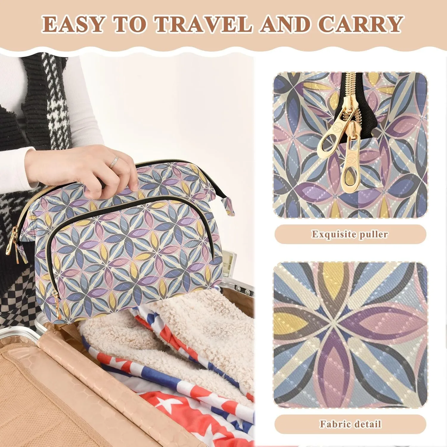 Aesthetic Makeup Organizer Pouch Quilted Travel Bag with Wide-open Design