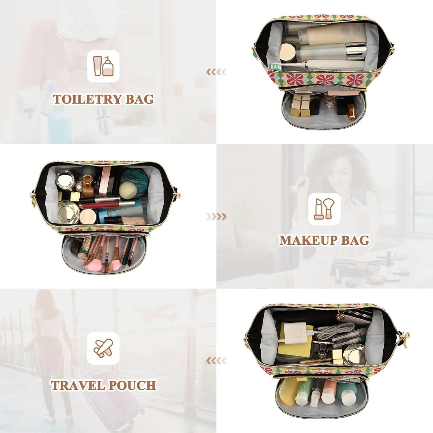 Aesthetic Makeup Organizer Pouch Quilted Travel Bag with Wide-open Design