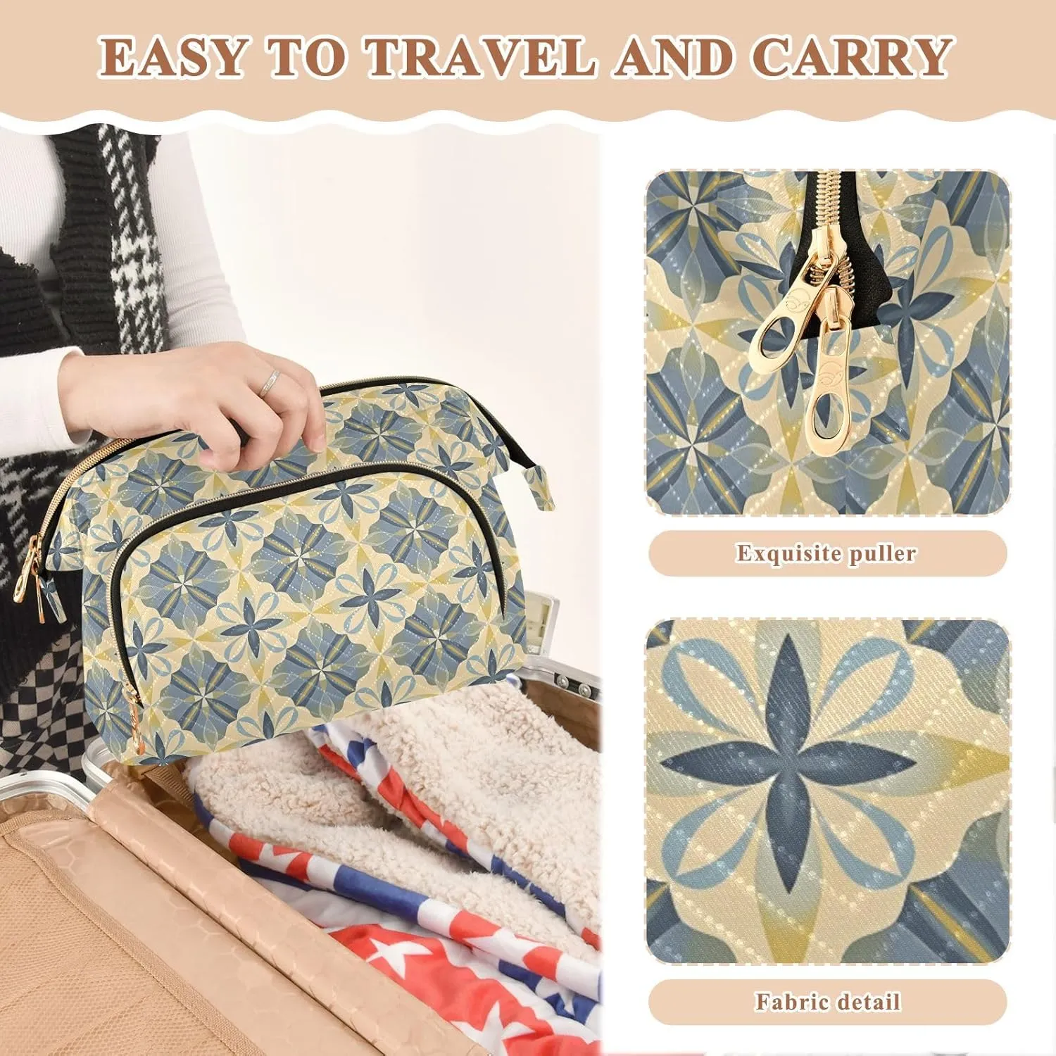 Aesthetic Makeup Organizer Pouch Quilted Travel Bag with Wide-open Design