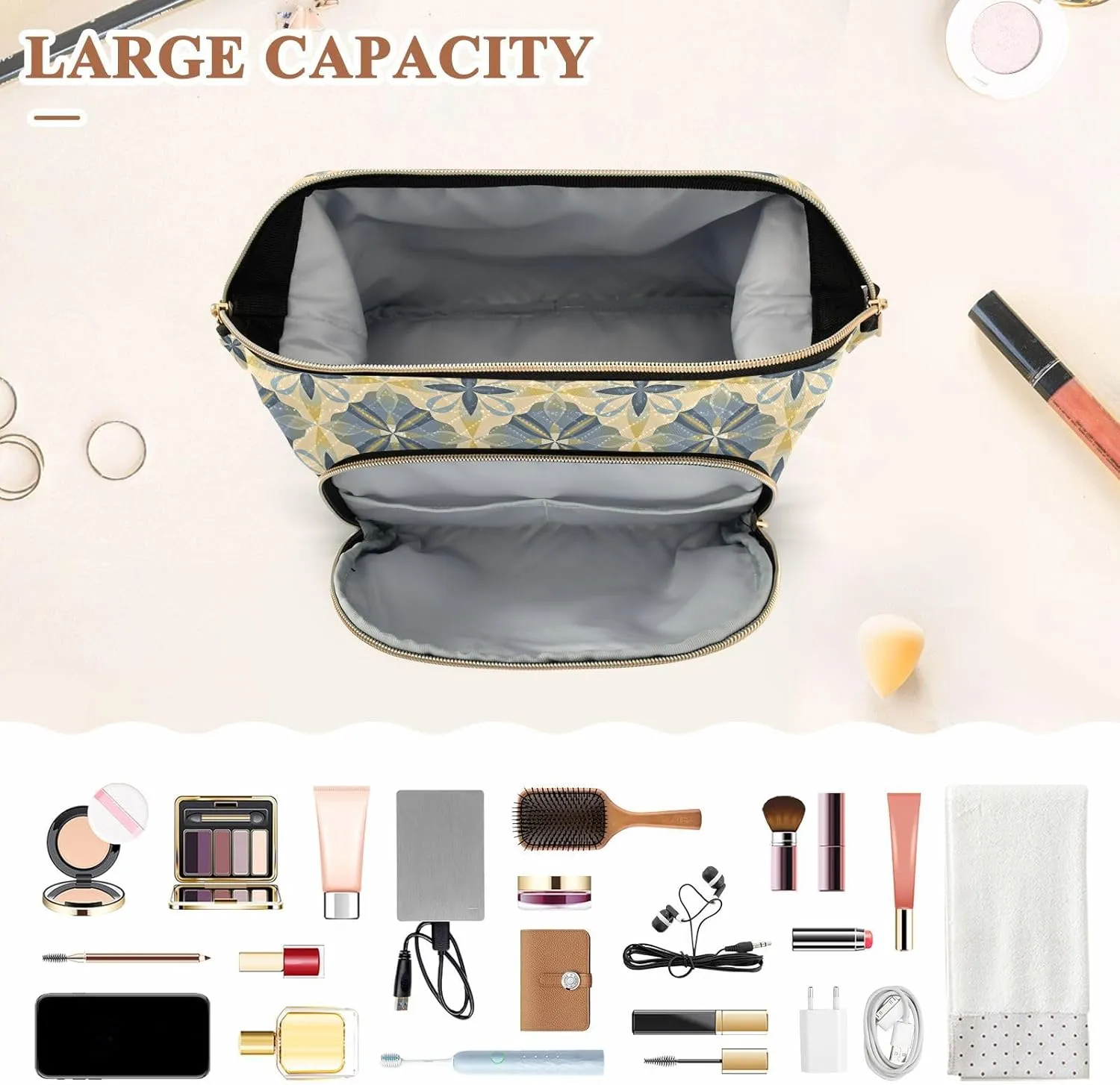 Aesthetic Makeup Organizer Pouch Quilted Travel Bag with Wide-open Design