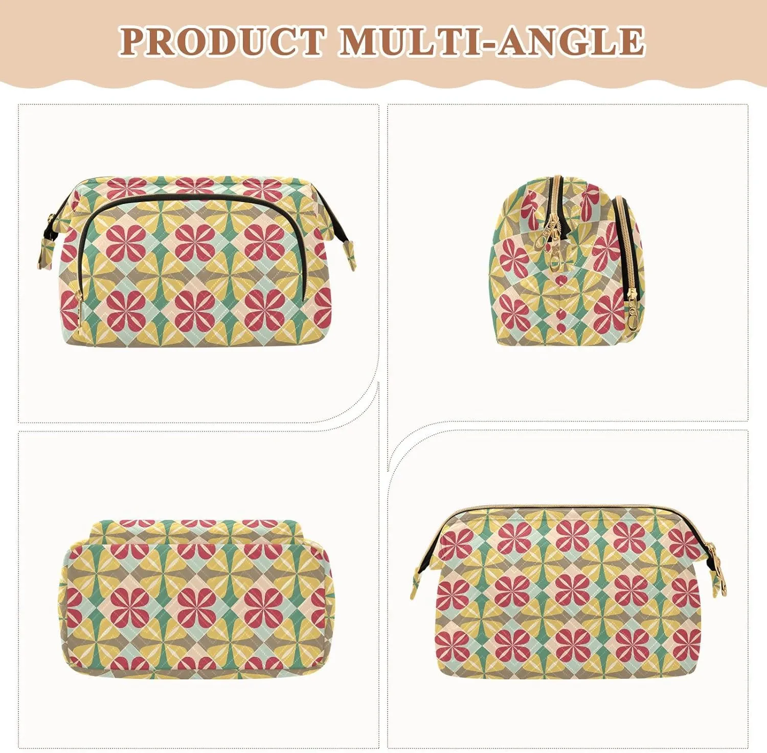 Aesthetic Makeup Organizer Pouch Quilted Travel Bag with Wide-open Design
