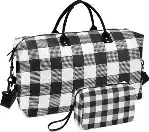Aflyko Travel Duffel Bag Gingham Plaid Black White Sport Tote Gym Bag Weekender Overnight Bag for Men Women Flight Approved Carry On Bag Fitness Dance Go-To Bag Daily Bag, Medium