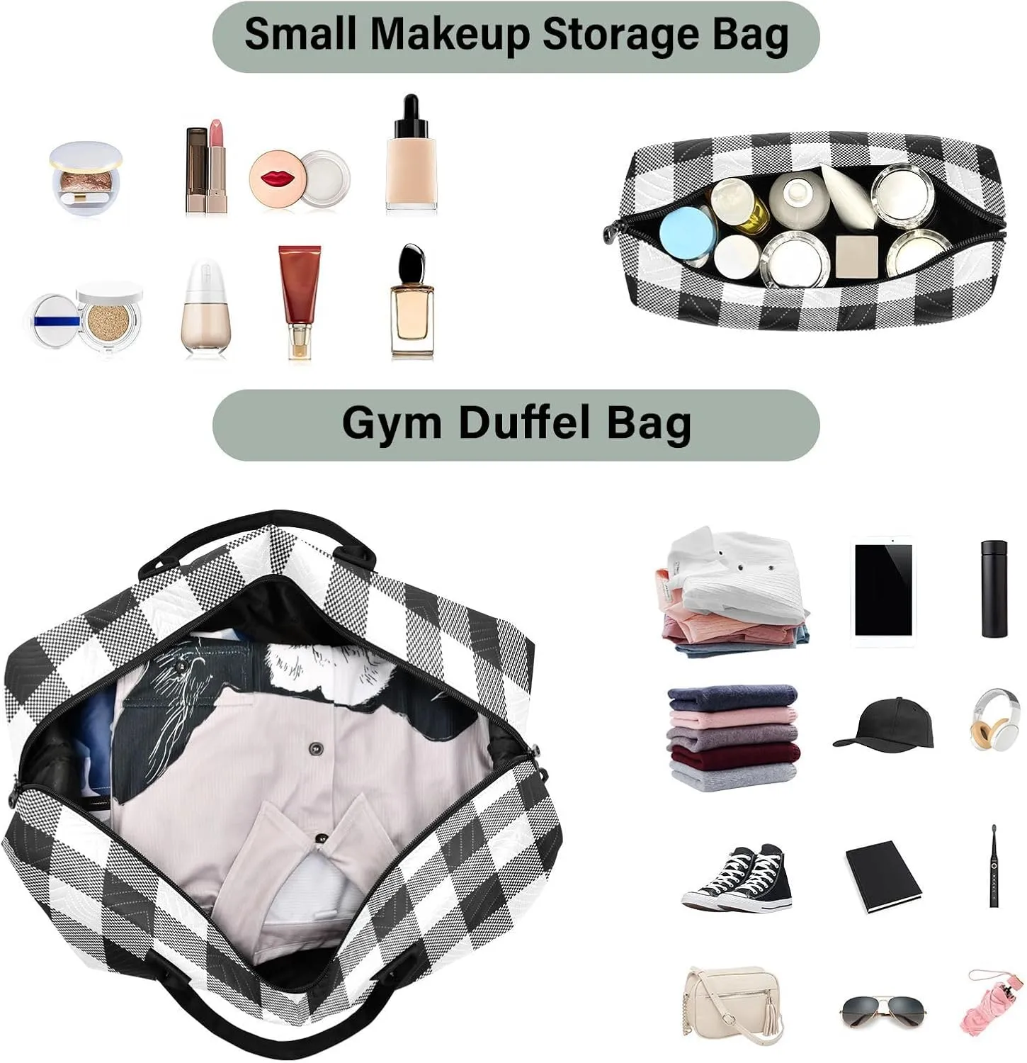 Aflyko Travel Duffel Bag Gingham Plaid Black White Sport Tote Gym Bag Weekender Overnight Bag for Men Women Flight Approved Carry On Bag Fitness Dance Go-To Bag Daily Bag, Medium